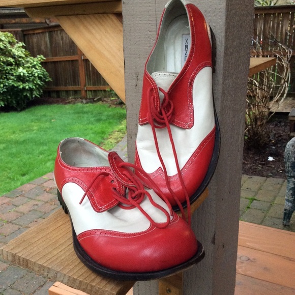 red and white saddle shoes